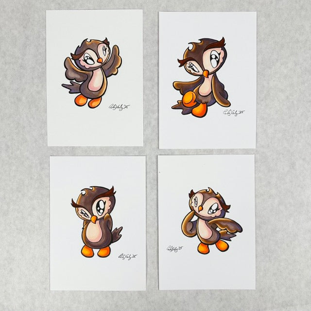 LIMITED Original Art: Owl Marker Drawings (4 poses) 5x7 framed