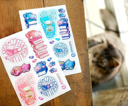 Stickers: Cats, Coffee and Books (2 colors)